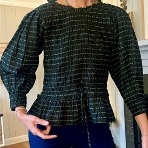 Apiece Apart Black and Green Plaid Peplum Top